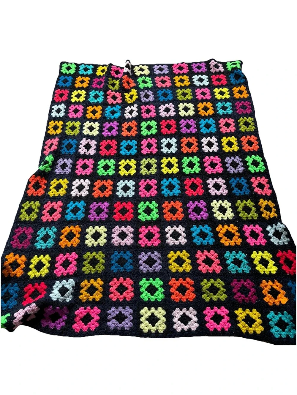 Vintage Granny Square Crochet Afghan Blanket Throw  Black Multi Colors 69”x57”